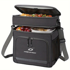 A grey Maelstrom insulated lunch cooler bag with two zippered compartments and a shoulder strap.