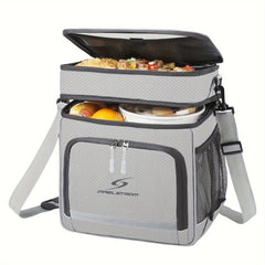 A grey Maelstrom insulated lunch bag with two compartments and an adjustable shoulder strap.