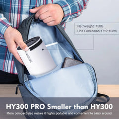 A person places a compact white Magcubic HY300 PRO projector into a backpack.