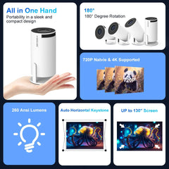 A compact white Magcubic portable projector with 180-degree rotation and auto keystone correction.