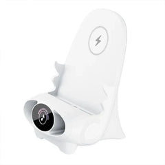 A white wireless charging stand shaped like a miniature chair with a lightning bolt icon.