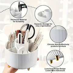A white, ribbed, five-compartment rotating makeup organizer with gold-toned feet.