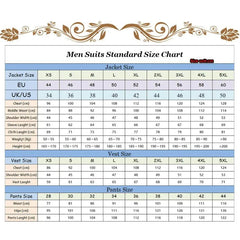 A size chart table for men's formal suits detailing jacket, vest, and pants measurements.