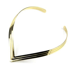 A gold-toned, three-layered V-shaped metal torque choker necklace on a white background.