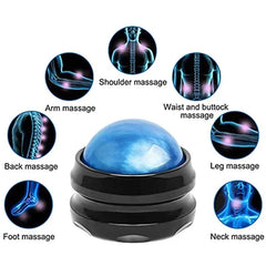 A blue manual massage roller ball with a black base surrounded by diagrams of body massage areas.
