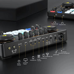 A black Maono audio interface mixer with labeled ports and controls for microphones and devices.