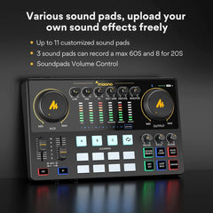 A Maono portable audio interface and podcast mixer with sound pads and various control knobs.