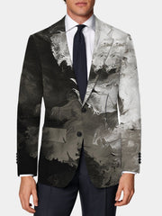 A men's regular fit blazer featuring a black and white abstract marble print and notched lapels.