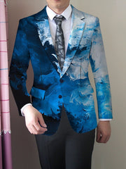 A man wears a regular fit blazer featuring a blue and white abstract marble print pattern.