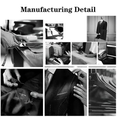 A collage of black and white photos showing the tailoring process of a men's three-piece suit.