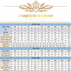 A size chart for a men's three-piece suit including jacket, vest, and pants measurements.