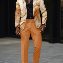 A man wears a two-piece suit featuring a tan marbled print blazer and solid orange trousers.