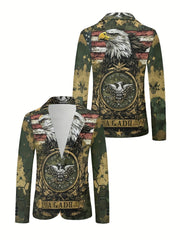 A slim fit blazer featuring a digital print of an eagle, American flag, and military-style emblem.