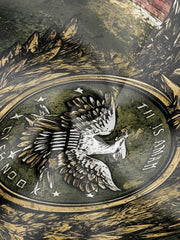 A close-up of a patterned suit jacket featuring a graphic of an eagle and text on a green background.