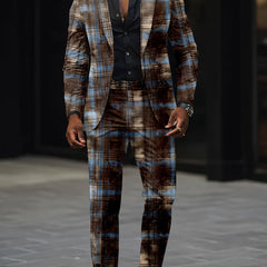 A man wears a slim-fit suit set featuring a brown and blue digital plaid print.