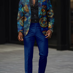 A man wears a slim-fit suit featuring a blue digital-print jacket and matching blue trousers.