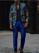 A man wears a two-piece suit featuring a blue digital-print blazer and matching blue trousers.
