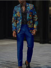 A man wears a two-piece suit featuring a blue digital-print blazer and matching blue trousers.