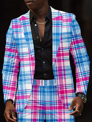 A man wears a slim-fit blazer featuring a vibrant blue, pink, and white plaid digital print.