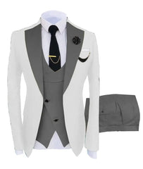 A three-piece men's suit featuring a white blazer with grey lapels, a grey vest, and matching trousers.
