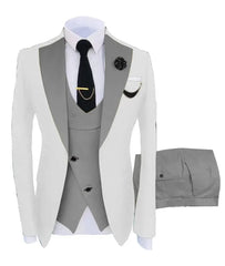 A three-piece men's suit featuring a white blazer with grey lapels, a grey vest, and matching trousers.