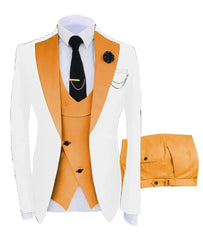 A three-piece men's suit featuring a white blazer with orange lapels, an orange vest, and matching pants.