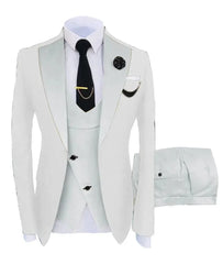 A white three-piece slim fit suit featuring a single-breasted blazer, vest, and matching trousers.