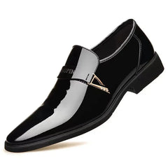 A black patent leather slip-on loafer for men with a gold-toned metal accent on the strap.