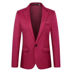 A slim-fit men's blazer in a vibrant red color featuring a single-button closure and notched lapels.