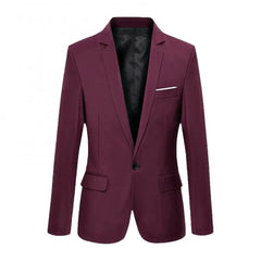 A slim-fit, single-button burgundy blazer for men with a notched lapel and chest pocket.