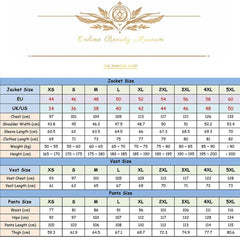 A size chart table for a men's three-piece suit including jacket, vest, and pants measurements.