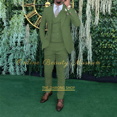 A man wears an olive green three-piece suit consisting of a single-breasted jacket, vest, and pants.