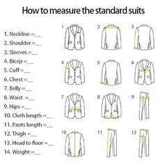 An instructional diagram showing how to measure a suit with numbered steps and illustrations.