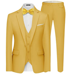 A yellow three-piece slim fit suit featuring a single-button blazer, vest, and matching trousers.