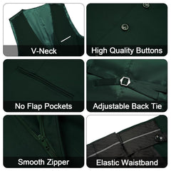 A collage showing the V-neck, buttons, pockets, back tie, zipper, and waistband of a green vest.