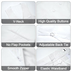 A collage showing the white vest and pants details including the V-neck, buttons, and waistband.
