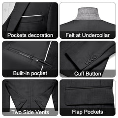 A collage showing details of a black suit jacket including pockets, collar, buttons, and vents.
