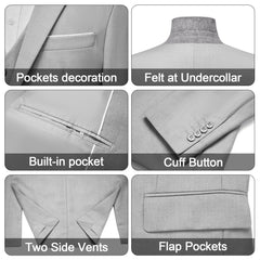 A collage showing details of a light grey suit jacket including pockets, collar, cuffs, and vents.