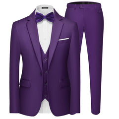 A purple three-piece slim fit suit featuring a single-button blazer, vest, and matching trousers.