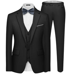 A black three-piece slim fit suit featuring a one-button blazer, vest, and trousers with a bow tie.