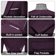A collage showing details of a purple suit jacket including pockets, felt undercollar, and vents.