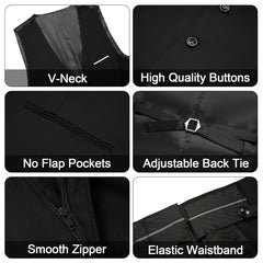 A collage showing the black vest's V-neck, buttons, pockets, back tie, zipper, and waistband.
