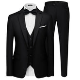 A black three-piece slim fit suit featuring a one-button blazer, vest, and matching trousers.