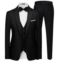 A black three-piece slim fit suit featuring a one-button blazer, vest, and matching trousers.