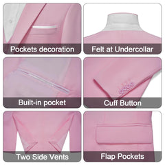 A collage showing details of a pink suit jacket including pockets, collar, buttons, and vents.
