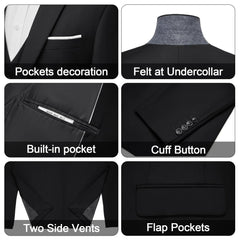 A collage showing details of a black men's suit, including pockets, collar, buttons, and vents.