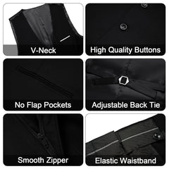A black vest featuring a V-neck, buttons, pockets, an adjustable back tie, zipper, and waistband.