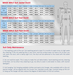 A size chart for a men's three-piece suit showing measurements for the jacket, vest, and pants.