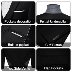 A collage showing details of a black men's suit, including pockets, collar, buttons, and vents.