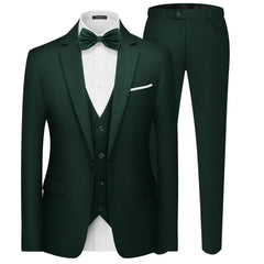 A dark green three-piece suit featuring a slim-fit blazer, vest, trousers, and a matching bow tie.